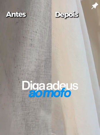print de uma foto tirada do feed do instagram da empresa , mostrando o antes e depois da limpeza de cortina, com os dizeres: diga adeus ao mofo